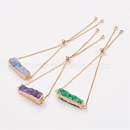 Electroplated Natural & Dyed Druzy Agate Slider Bracelets, Bolo Bracelets, Rectangle, with Brass Chain, Mixed Color, 10-1/4 inch(260mm)x1mm(BJEW-JB02765)