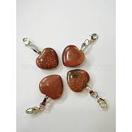 Heart Synthetic Goldstone Pendant Decorations, with Brass Lobster Claw Clasps and Iron Ring, 43mm(HJEW-PH01132-12)