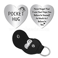 1Pc Heart Shape 201 Stainless Steel Commemorative Decision Maker Coin, Pocket Hug Coin, with 1Pc PU Leather Storage Pouch, Word, Heart: 26x26x2mm, Clip: 105x47x1.3mm(AJEW-CN0001-68L)
