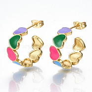 Brass Enamel Stud Earrings, Half Hoop Earrings, with Ear Nuts, Nickel Free, Heart, Real 16K Gold Plated, Colorful, 20x7mm, Pin: 0.8mm(EJEW-T014-04G-NF)