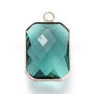 Glass Pendants, with Brass Findings, Faceted, Rectangle, Light Sea Green, 22x13.5x6.5mm, Hole: 2.5mm(GLAA-S111-16)