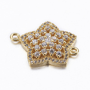 Brass Micro Pave Cubic Zirconia Links, Star, Real 18K Gold Plated, 22x17.5x4mm, Hole: 1mm(ZIRC-E136-52G)