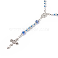 Glass Pearl & Acrylic Rosary Bead Necklace, Alloy Virgin Mary & Cross Pendant Necklace for Women, Blue, 24.41 inch(62cm)(NJEW-TA00041-01)