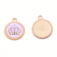 Alloy Enamel Crown Jewelry Pendant, with Crystal Glass Rhinestone, Light Gold, Flat Round, Purple, 20x16.5x2.5mm, Hole: 1.2mm(ENAM-TAC0007-02A)