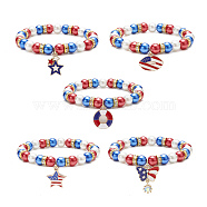 Colorful Glass Pearl Beaded Stretch Bracelet, Alloy Enamel Charms Independence Day Bracelet with Rhinestone for Women, Mixed Patterns, Inner Diameter: 2-1/8 inch(5.45cm)(BJEW-JB09210)