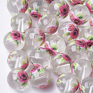 Printed & Spray Painted Transparent Glass Beads, Round with Flower Pattern, Clear, 8~8.5x7.5mm, Hole: 1.4mm(GLAA-S047-04A-07)