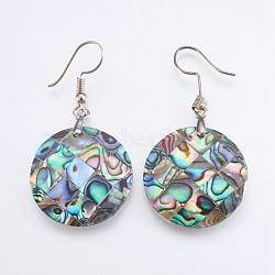 Abalone Shell/Paua Shell Dangle Earrings, with Brass Findings, Flat Round, Platinum, 47~48mm, Pin: 0.7mm(EJEW-F147-C13)