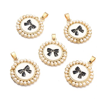 Alloy Enamel Pendants, with Resin Imitation Pearl Beads, Flat Round, Light Gold, 33x29x4mm, Hole: 7x3.3mm