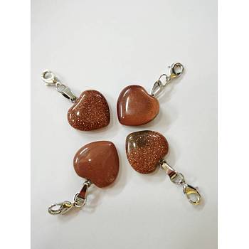Heart Synthetic Goldstone Pendant Decorations, with Brass Lobster Claw Clasps and Iron Ring, 43mm