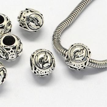 Alloy European Beads, Large Hole Rondelle Beads, with Constellation/Zodiac Sign, Antique Silver, Pisces, 10.5x9mm, Hole: 4.5mm