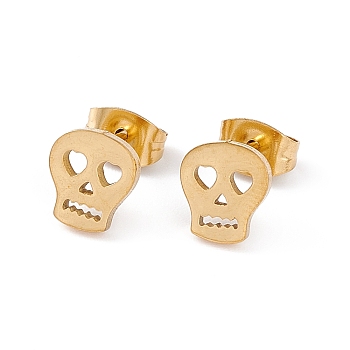 304 Stainless Steel Tiny Hollow Out Skull Stud Earrings for Women, Golden, 8x7mm, Pin: 0.6mm