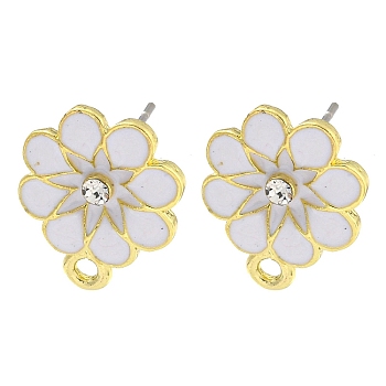 Rack Plating Alloy Stud Earring Finding, with Rhinestone, Cadmium Free & Nickel Free & Lead Free, Flower, White, 16x12.5mm, Hole: 1.6mm, Pin: 10.5x0.5mm