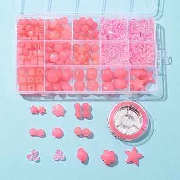 Mixed Shapes Imitation Jelly Acrylic Beads, with Transparent Acrylic Beads and Strong Stretchy Beading Elastic Thread, Hot Pink, 6.5~20.5x7~22x4~!13mm, Hole: 1.4~2.5mm, 349pcs/set