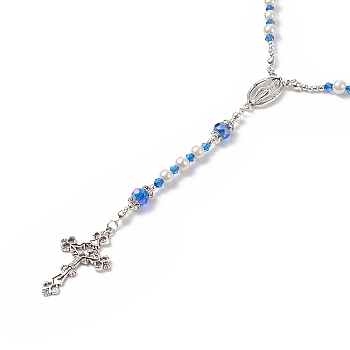 Glass Pearl & Acrylic Rosary Bead Necklace, Alloy Virgin Mary & Cross Pendant Necklace for Women, Blue, 24.41 inch(62cm)
