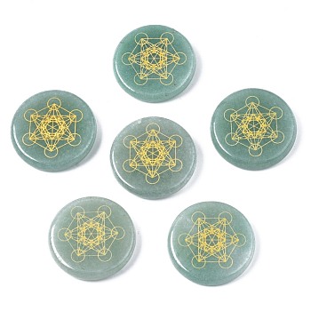 Natural Green Aventurine Cabochons, Alchemy Cabochons, Flat Round with Magic Circle Pattern, 25x5mm, about 6pcs/bag