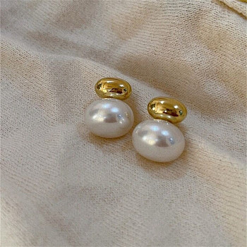 Alloy Imitation Pearl Stud Earrings, Round, Golden, 15mm