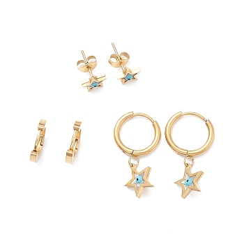 3 Pairs 3 Style Synthetic Shell Star with Enamel Evil Eye Dangle Hoop Earrings, Ion Plating(IP) 304 Stainless Steel Stud Earrings for Women, Golden, 7.5~27mm, Pin: 1mm, 1 Pair/style