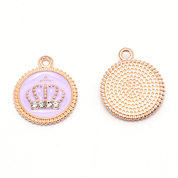 Alloy Enamel Crown Jewelry Pendant, with Crystal Glass Rhinestone, Light Gold, Flat Round, Purple, 20x16.5x2.5mm, Hole: 1.2mm