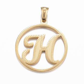 Ion Plating(IP) 304 Stainless Steel Pendants, Flat Round with Letter.H, Golden, 28x25x1.2mm, Hole: 6x3mm