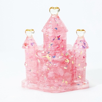 Natural Rose Quartz Chip & Resin Craft Display Decorations, Glittered Castle Figurine, for Home Feng Shui Ornament, 75x65x30mm