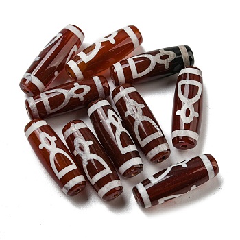 Tibetan Style dZi Beads Strands, Natural Dyed Agate Beads, Rice, Red, God of Wealth Pattern, 30x10mm, Hole: 2mm