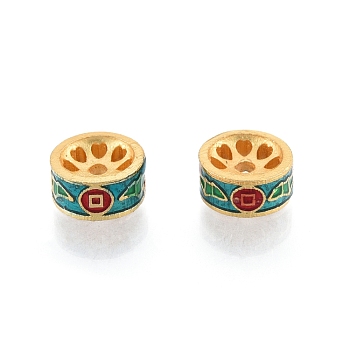 Alloy Enamel Beads, Matte Gold Color, Column with Copper Coin & Bat, Dark Cyan, 8x4mm, Hole: 1.4mm