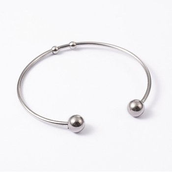 Fashion 304 Stainless Steel Cuff Bangles Torque Bangles, with Soldered Round Beads, Stainless Steel Color, 2 inch~2-1/2 inch(50~65mm)