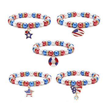 Colorful Glass Pearl Beaded Stretch Bracelet, Alloy Enamel Charms Independence Day Bracelet with Rhinestone for Women, Mixed Patterns, Inner Diameter: 2-1/8 inch(5.45cm)