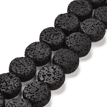 Natural Lava Rock Beads Strands, Flat Round, Dyed, Black, 14~14.5x6mm, Hole: 1.6mm, about 28pcs/strand, 15.75 inch(40cm)