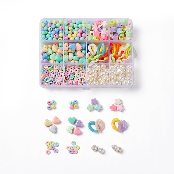DIY Beads Jewelry Making Finding Kit, Including Twist & Star & Heart & Round Acrylic Linking Rings and Beads, Polymer Clay Heishi & Acrylic Pearl Beads, Colorful, 728Pcs/box