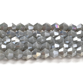 Opaque Solid Color Electroplate Glass Beads Strands, AB Color Plated, Faceted, Bicone, Gray, 4x4mm, Hole: 0.8mm, about 87~98pcs/strand, 12.76~14.61 inch(32.4~37.1cm)