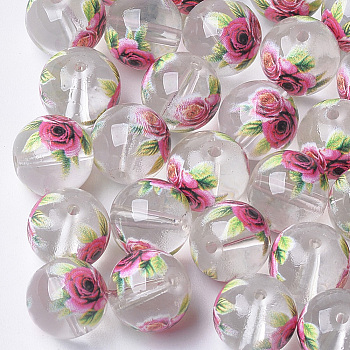 Printed & Spray Painted Transparent Glass Beads, Round with Flower Pattern, Clear, 8~8.5x7.5mm, Hole: 1.4mm