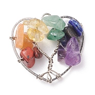Chakra Natural Gemstone Chip Pendants, Natural Amethyst & Green Aventurine & Lapis Lazuli & Citrine & Red Aventurine & Red Jasper, with Copper Wire Wrapped, Heart with Tree, Platinum, 25.5x27x8mm, Hole: 2mm(PALLOY-JF01493-02)