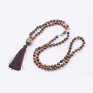 Natural Tiger Eye Tassel Pendant Necklaces, with Gemstone Beads, Chakra Necklaces, 40.5 inch(103cm)(NJEW-P193-A07)