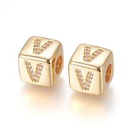 Brass Micro Pave Cubic Zirconia European Beads, Horizontal Hole, Large Hole Beads, Long-Lasting Plated, Cube with Letter, Golden, Clear, Letter.V, 9x9x9.5mm, Hole: 4.5mm(ZIRC-G162-13G-V)