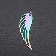 Ion Plating(IP) 201 Stainless Steel Pendants, with Jump Ring, Wing, Laser Cut, Rainbow Color, 31x11x1mm, Hole: 3mm(STAS-R111-JA559)