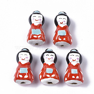 Handmade Porcelain Beads, Famille Rose Style, Japanese Kokeshi Doll Shape, Red, 27~28x14.5x11~12mm, Hole: 1.5~2mm(X-PORC-N004-40B)