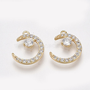 Brass Micro Pave Cubic Zirconia Charms, Nickel Free, Real 18K Gold Plated, Moon, Clear, 12.5x10.5x2mm, Hole: 1mm(KK-T038-507A)
