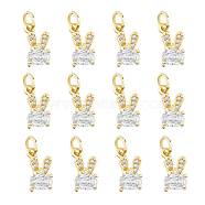 Brass Micro Pave Cubic Zirconia Bunny Charms, Cadmium Free & Lead Free, Rabbit, Real 18K Gold Plated, 12x6x2.5mm, Hole: 3mm, 12pcs/box(ZIRC-DC0001-14)