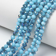 Electroplate Opaque Solid Color Glass Beads Strands, Half Plated, Blue Plated, Faceted, Rondelle, Deep Sky Blue, 4x3mm, Hole: 0.4mm, about 123~127pcs/strand, 16.5~16.9 inch(42~43cm)(EGLA-A034-P4mm-I13)