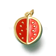 Rack Plating Brass Enamel Pendants, with Jump Ring, Lead Free & Cadmium Free, Long-Lasting Plated, Real 18K Gold Plated, Watermelon, 15x12x9mm, Hole: 3mm(KK-M079-14B-G)