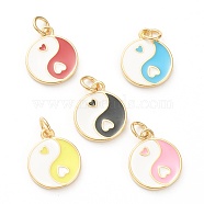 Brass Enamel Pendants, Long-Lasting Plated, Real 18K Gold Plated, Flat Round with Heart, Mixed Color, 14x11.5x2mm, Hole: 3mm(KK-P200-11)