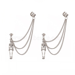 Skeleton Tibetan Style Alloy Dangle Stud Earrings, Brass Ear Cuff Earrings for Women, 304 Stainless Steel Curb Chains Tassel Earrings, Antique Silver & Stainless Steel Color, 88mm, Pin: 0.8mm(EJEW-JE05194)