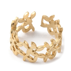 304 Stainless Steel Hollow Leaf Open Cuff Rings, Real 14K Gold Plated, Inner Diameter: 17mm(RJEW-D002-09G)