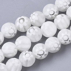 Handmade Millefiori Lampwork Beads Strands, Round, White, 8mm, Hole: 1.2mm, about 48pcs/strand, 14.17 inch(36cm)(X-LAMP-R143-01H)