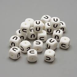 Food Grade Eco-Friendly Silicone Beads, Horizontal Hole, DIY Necklaces Making, Letter Style, Cube, White, 12x12x12mm, Hole: 2mm(X-SIL-R001-U)