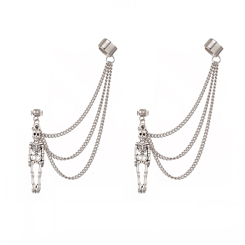 Skeleton Tibetan Style Alloy Dangle Stud Earrings, Brass Ear Cuff Earrings for Women, 304 Stainless Steel Curb Chains Tassel Earrings, Antique Silver & Stainless Steel Color, 88mm, Pin: 0.8mm
