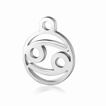 201 Stainless Steel Charms, Flat Round with Constellation, Stainless Steel Color, Cancer, 13.4x10.8x1mm, Hole: 1.5mm