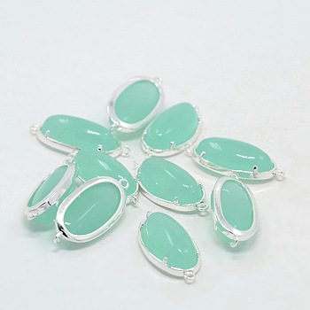 Silver Color Plated Brass Glass Links connectors, Oval, Pale Turquoise, 26x12x7mm, Hole: 1mm