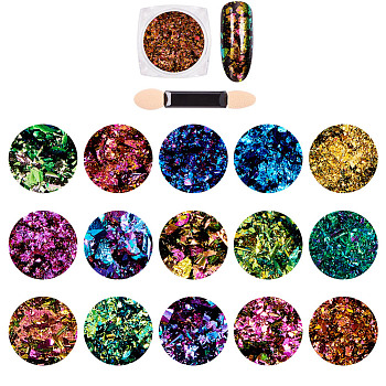 Nail Art Glitter Flakes, Starry Sky/Mirror Effect, Iridescent Glitter Flakes, with One Brush, Mixed Color, 30x30x17mm, about 0.3g/box